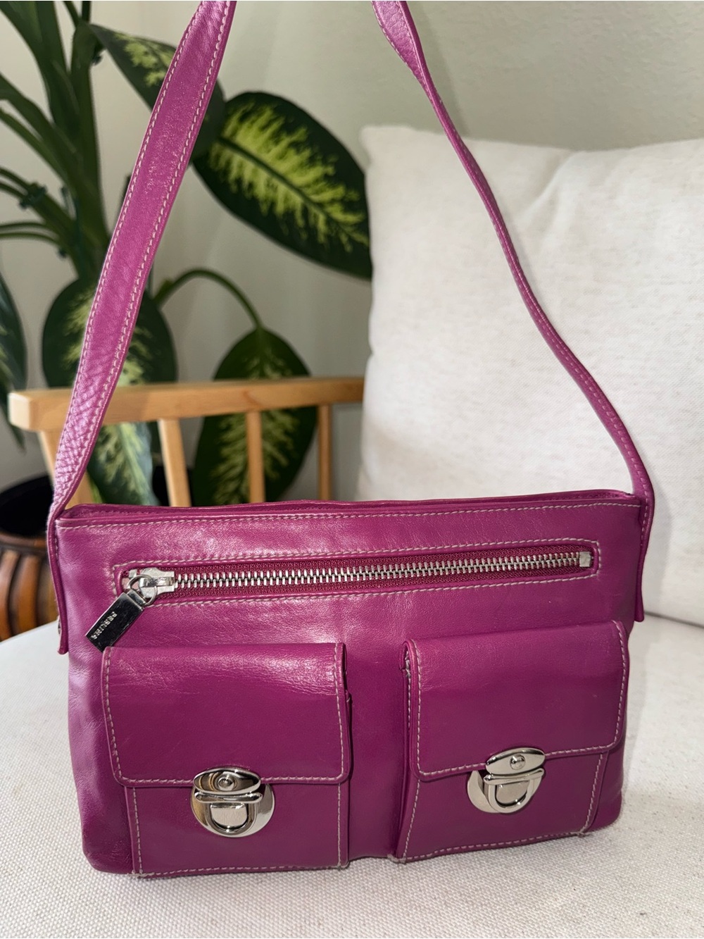Perlina New York Genuine Leather Purple Pink Small Shoulder Bag Purse Italy Made